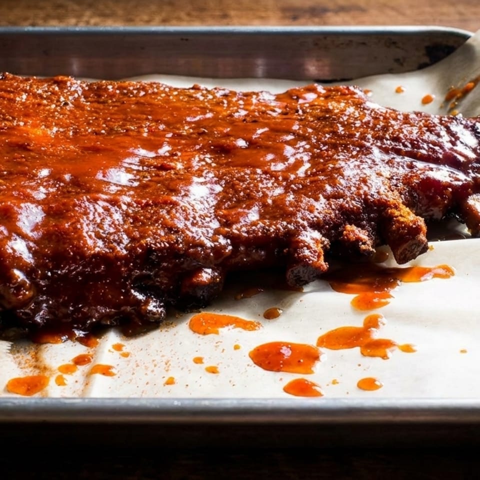A rack of BBQ ribs, glistening with sauce, on parchment paper in a metal baking pan.