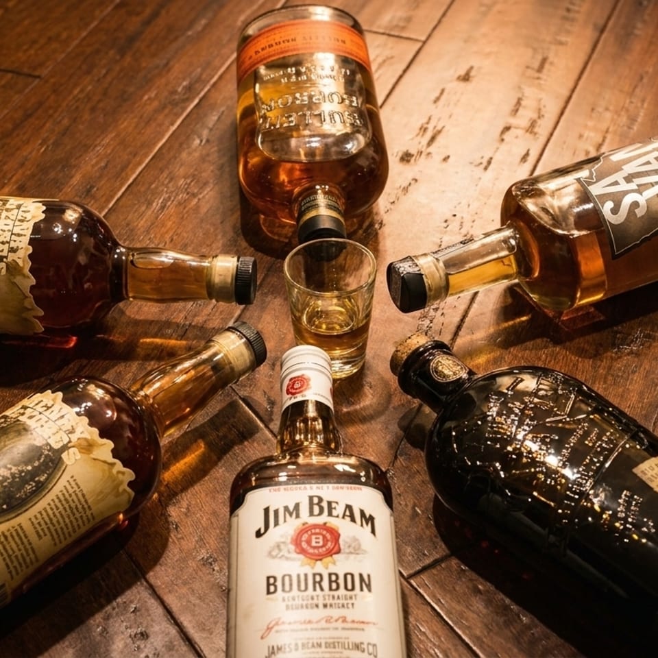 Various bourbon bottles, including Jim Beam, and a shot glass arranged on a wooden floor.
