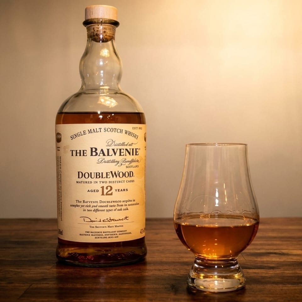 A bottle of Balvenie DoubleWood 12-year-old Scotch whisky next to a glass with amber liquid.