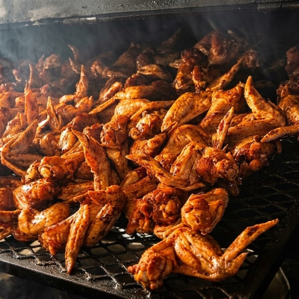 Smoked chicken wings cooking on a grill with visible smoke rising from the food.