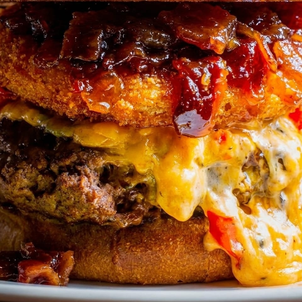 Close-up of a gourmet burger with melted cheese, crispy onion rings, and caramelized onions.